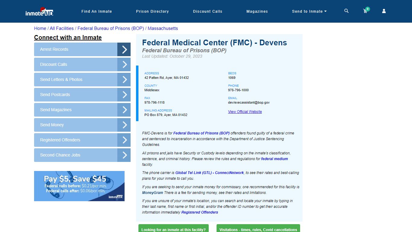 Federal Medical Center (FMC) - Devens - Federal Inmate Locator - MA