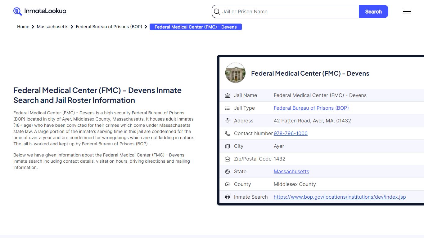 Federal Medical Center (FMC) - Devens Inmate Search, Jail Roster ...